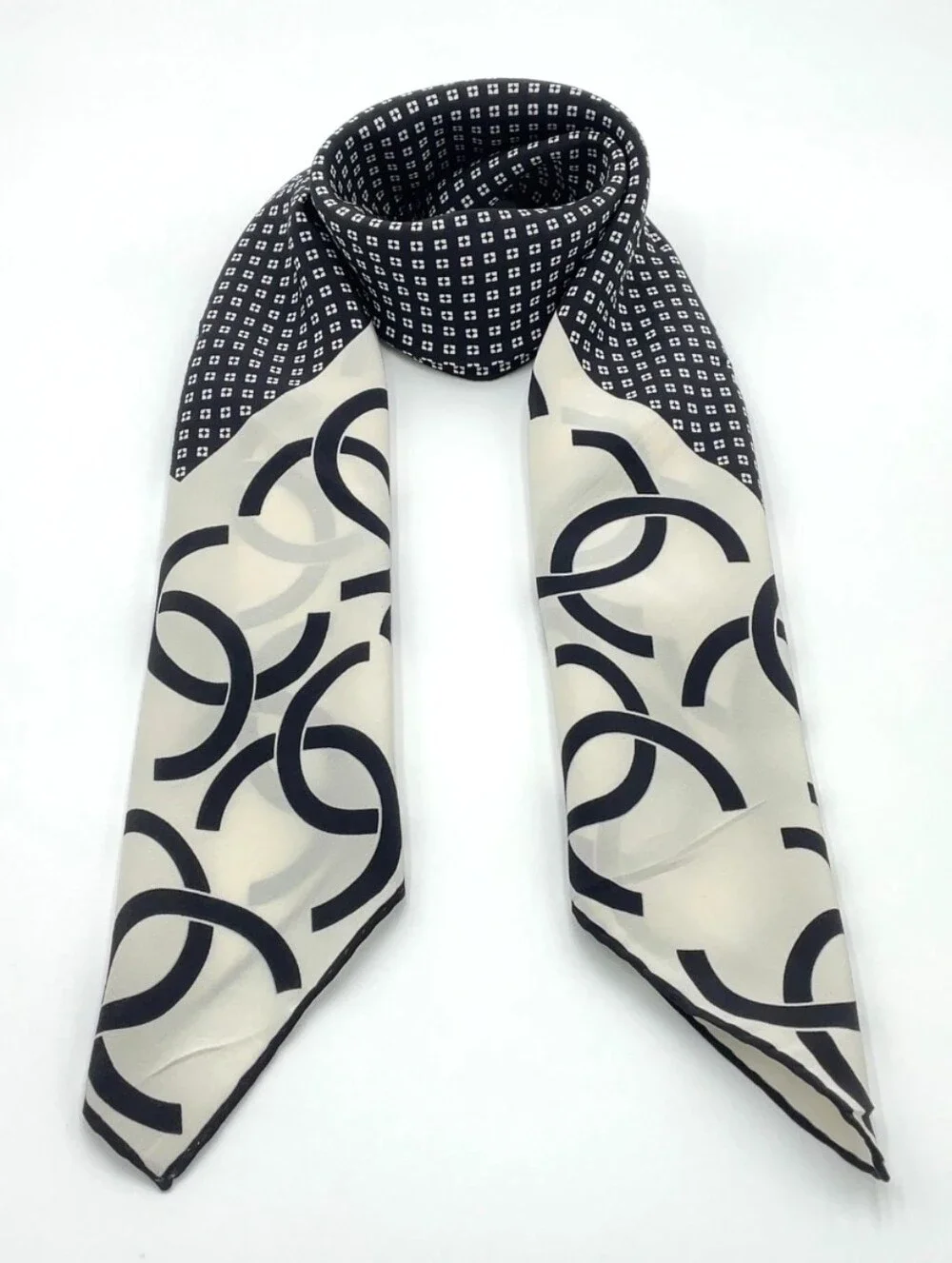 CHANEL Black & White Interlocking CC Silk Scarf